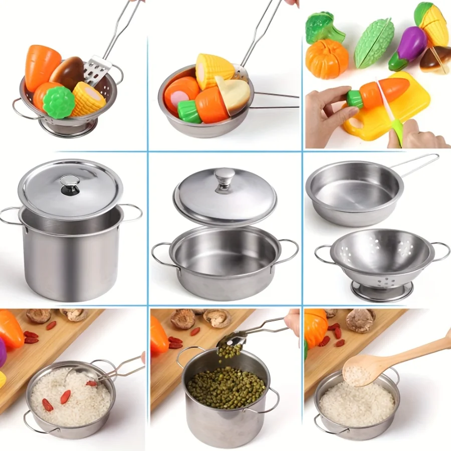 12pçs mini conjunto de brinquedos de cozinha de aço inoxidável para crianças, perfeito para cozinhar fingir, presentes de aniversário, conjuntos de cozimento
