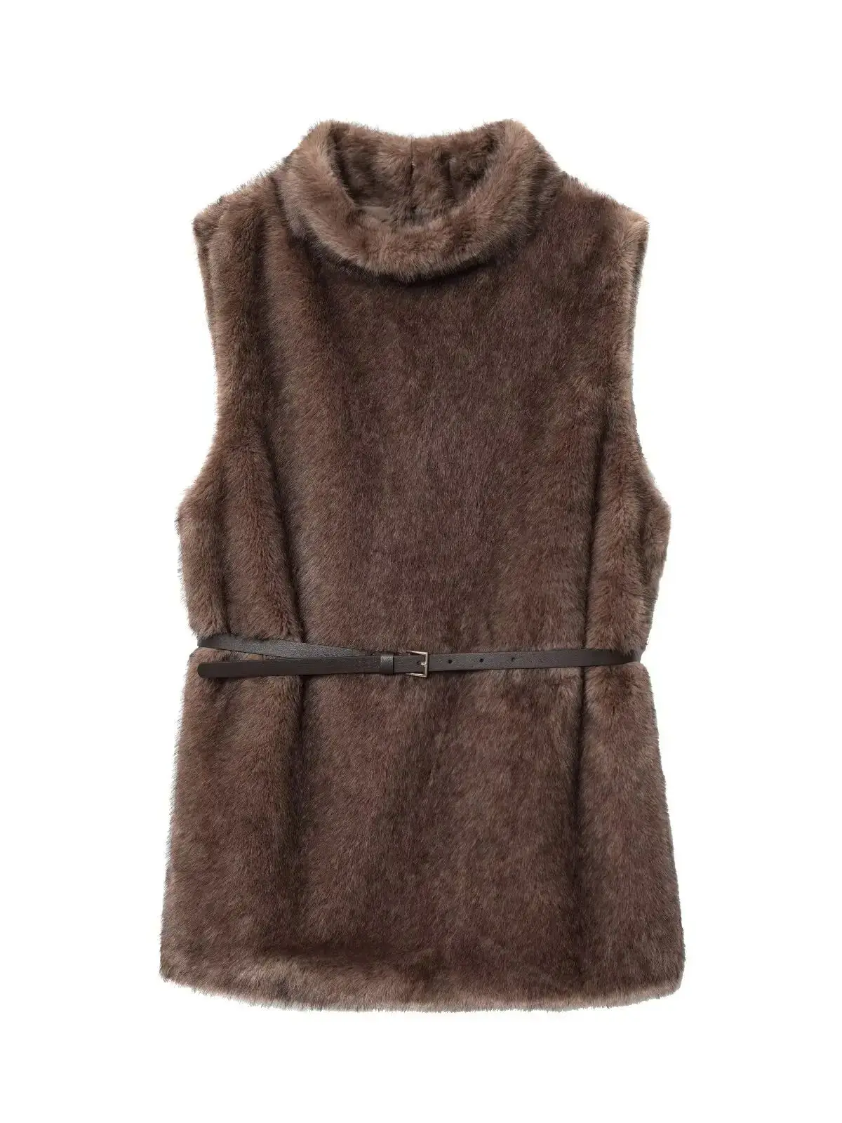 

2025 Autumn Winter Womens Elegant Sleeveless Faux Fur Vest Pollover Belt Lady Vintage Chic Warm Loose Long Turtleneck Waistcoats