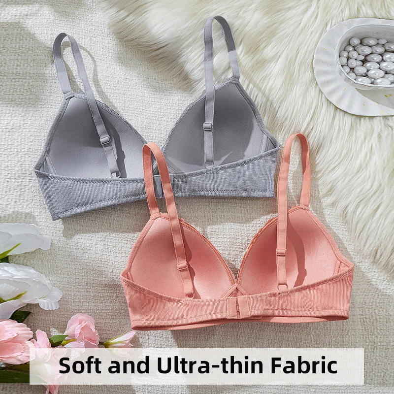 2pcs Women Wire-Free Tank Top Bra Solid Color Ribbed Lace Three-dimensional Thin Cups Adjustable Straps Double-Row Back Hoo
