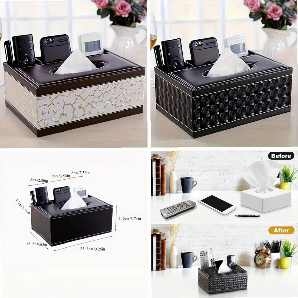 

Faux Leather Tissue Box Cover with Remote Holder - Stylish Living Room & Desk Organizer