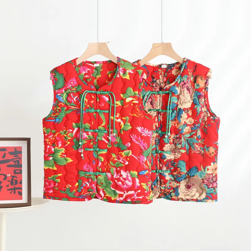 Plus size Chinese Style Northeast Flower Cotton-padded Vest Old-fashioned peony tang Vests Women Winter warm Sleeveless Jackets