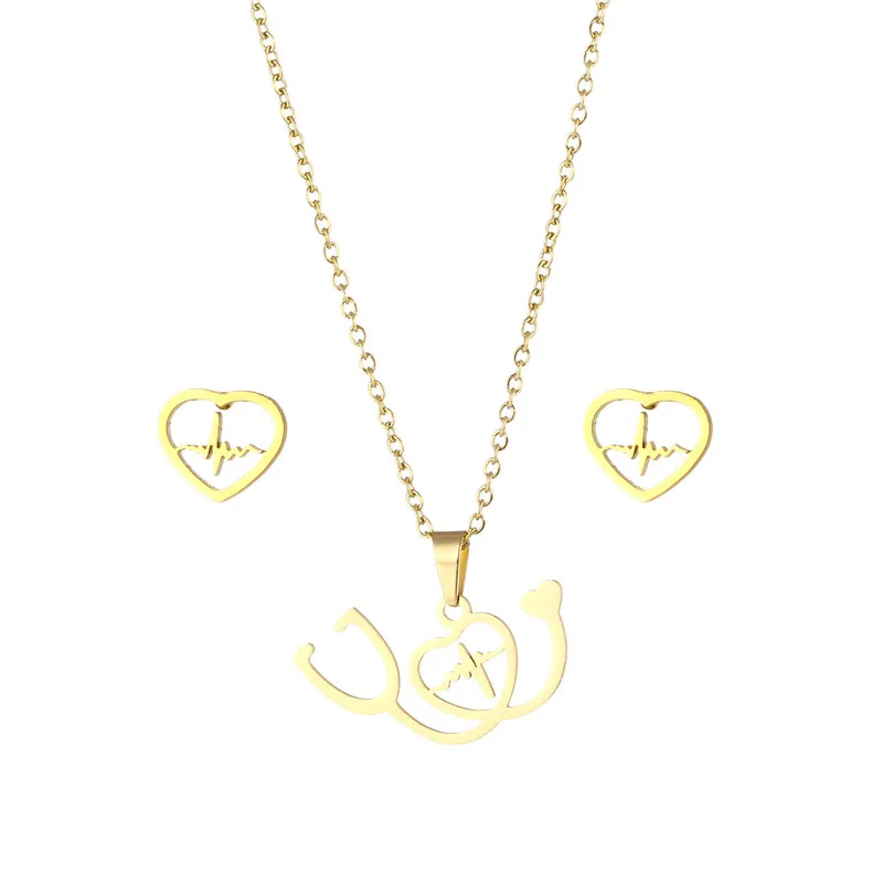 Stethoscope Heartbeat Gold Charm Earrings Necklace Women Love Heart Necklaces & Pendants Set Medical Nurse Doctor Lover Gifts