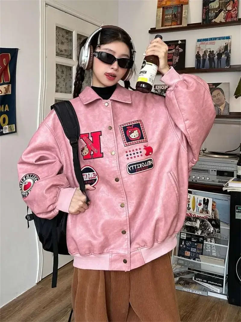 حار Kawaii مرحبا كيتي الخريف الشتاء سترة جلدية للنساء الرجعية الكرتون سترة فضفاضة تنوعا دراجة نارية عارضة قمم سترة