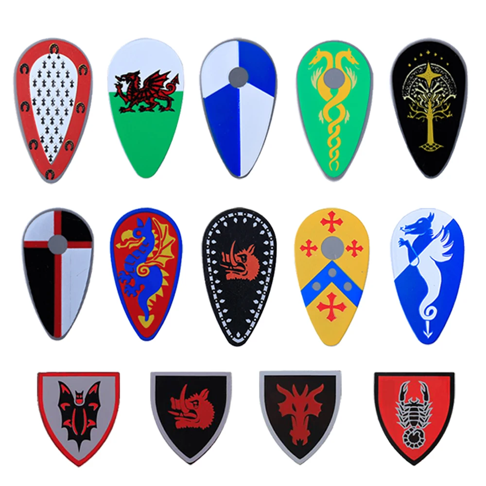 Bloques de construcción de escudo de caballero Castillo Medieval, figuras de películas, banderas de montaje en Orc, accesorios para armas militares, juguetes de soldados, regalo Q062