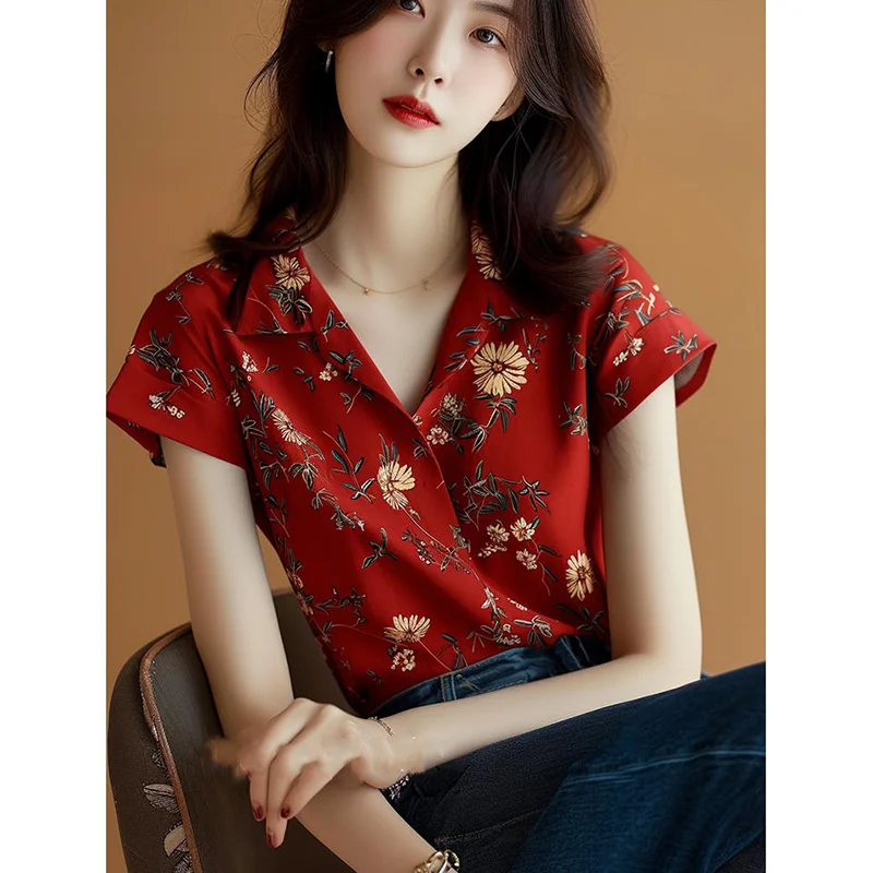 

Red Floral Shirt for Women New High-end Tops for Fashionable Hong Kong Style Retro French Beautiful Floral Shirt
