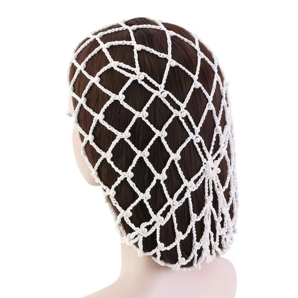 New Pearls Beads Mesh Snood Hair Net Soft Solid Color Oversize Knit Hat Rayon Crochet Hairnet Hair Accessories