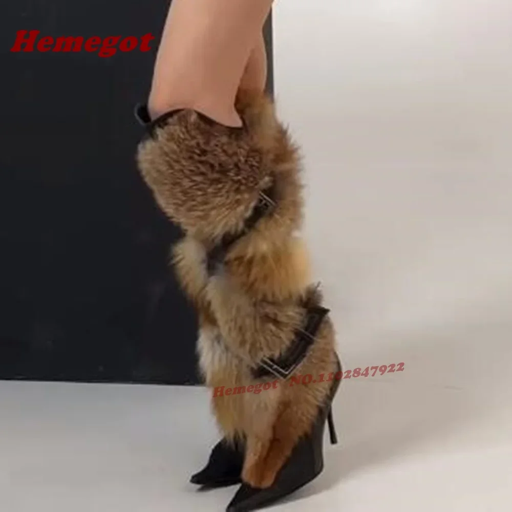 

Женские зимние сапоги с острым носком и пряжкой, сапоги до колена на меху, плюшевые сапоги до колена в стиле пэчворк, новинка 2026, обувь на шпильке