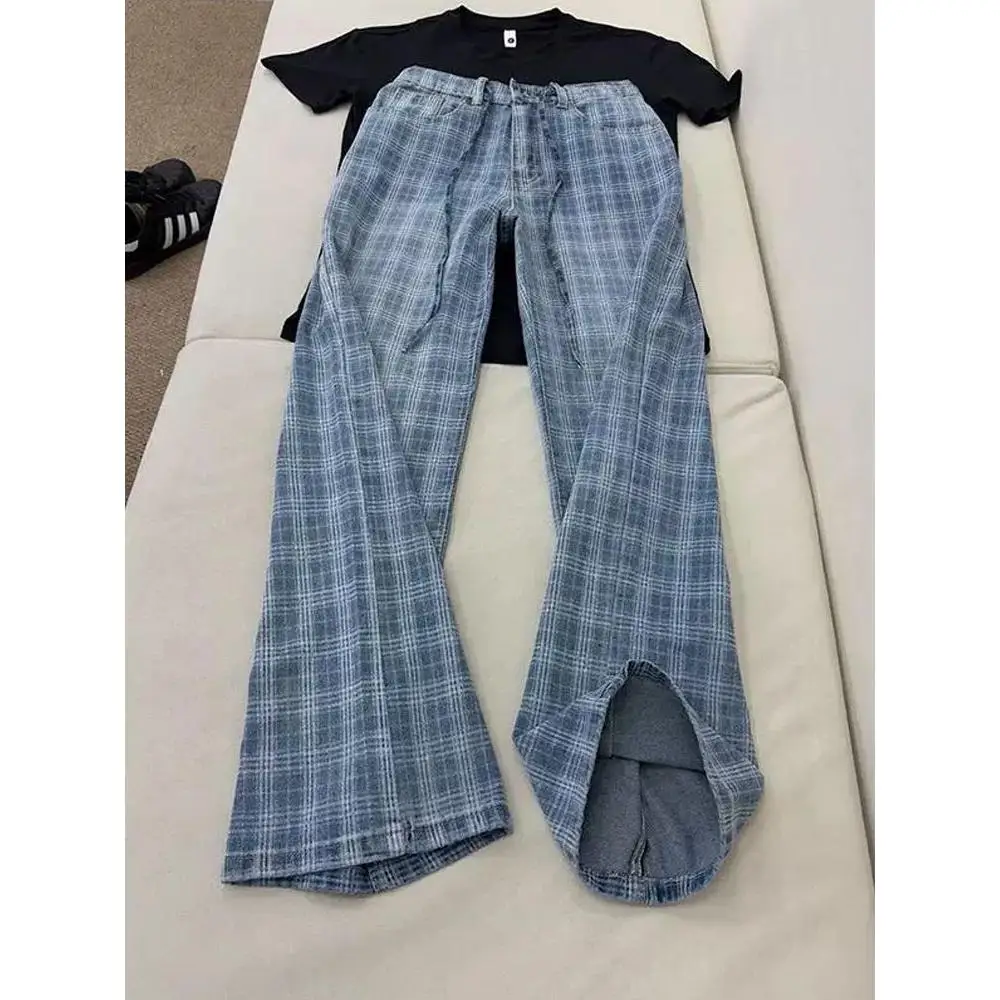 

Мужские джинсы Cleanfit Ice Blue Plaid, прямой крой, из денима, модный бренд, уличный стиль, смесь хлопка и полиэстера, молодежная мода