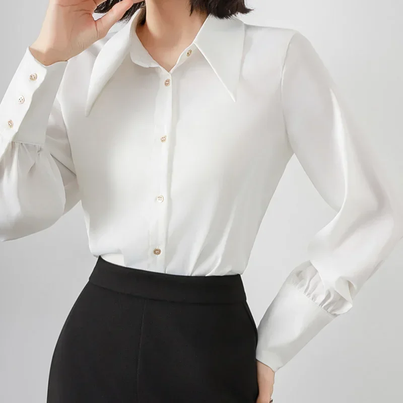 

Spring Summer Satin White Women's Blouse 2025 New Long Sleeve Elegant Korean Workwear Office Lady Casual Loose Shirts Female