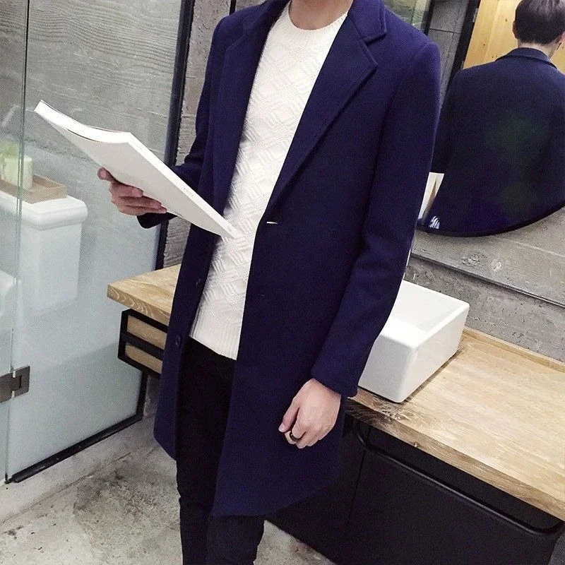 

Autumn Winter Men's Slim Fit Woolen Trench Coat Mid Length Outerwear with Fleece Lining Trendy Tweed Jacket for Casual Wear​