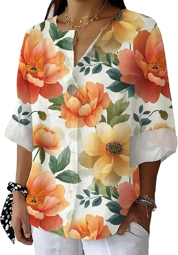 

2025 New Women's Summer Shirt Flower and Bird Pattern Plus Size Tunic V-Neck Short Sleeve