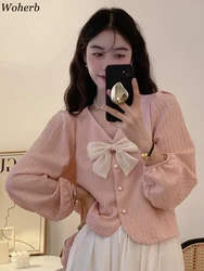 Woherb Summer Solid Bow Sweet Blouses Women Button Chic  Female Korean Fashion Lantern Sleeve Loose Elegant  2024