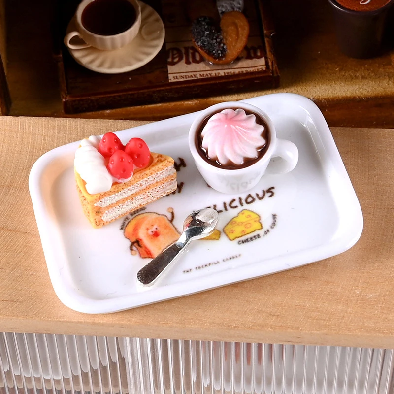 1 Juego de bandeja de tenedor de café para pastel en miniatura, modelo de comida, cocina 1:12, decoración para casa de muñecas, juguete para accesorios para casa de muñecas