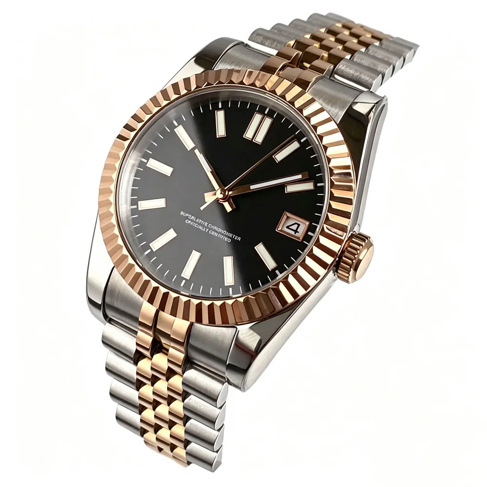 36mm 39mm Two Tone Watch for Men Black Dial Japan NH35 Sapphire Crystal 10Bar Fluted Bezel Automatic Wristwatch Male Clock Reloj