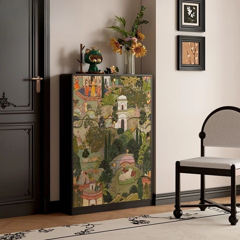 

Solid wood shoe cabinet, American retro door entrance storage cabinet, living room wall locker