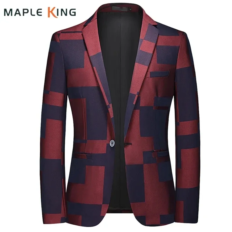 Mens Blazer Luxury Designer Plaid Print Suits Jacket Elegant Wedding Slim Bleser Social Masculino Night Club Outfits Men Clothes