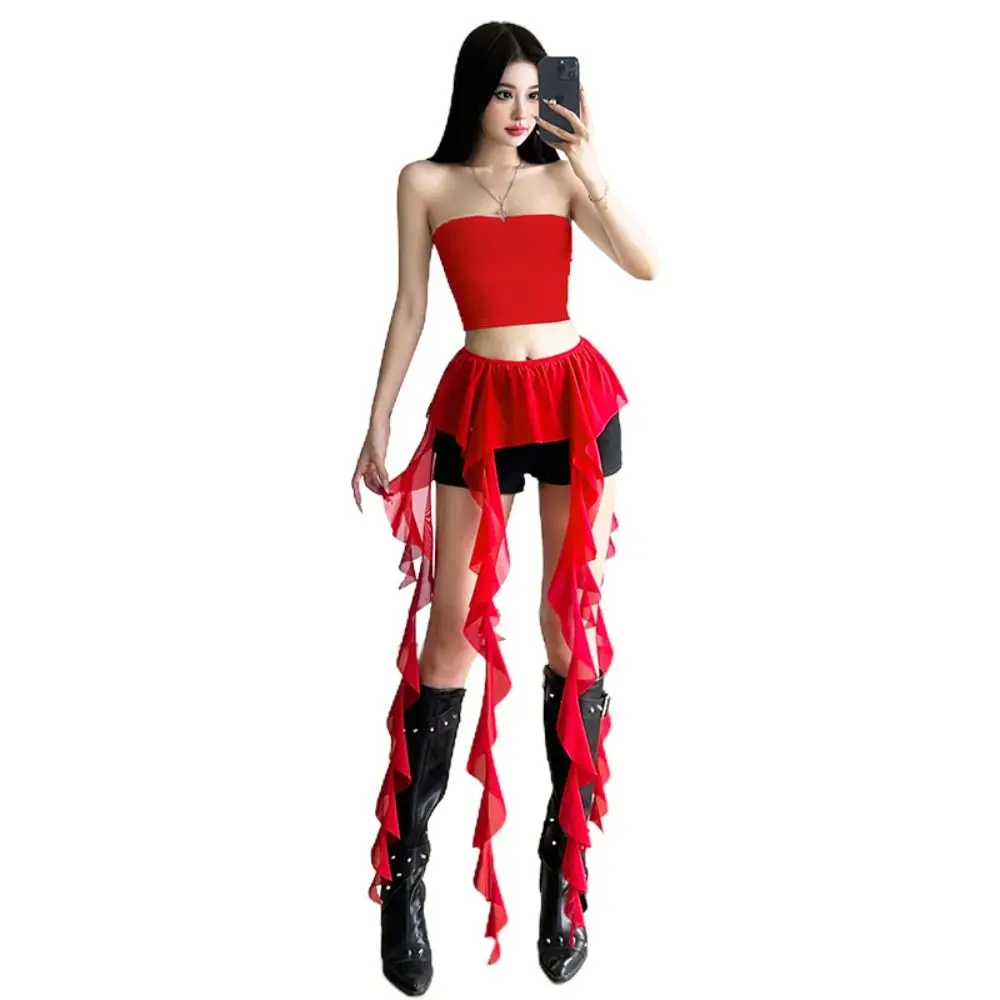 أحزمة مكشكشة غير منتظمة على الموضة للنساء تنورة طويلة Y2K صغيرة مثيرة شفافة من خلال ستارة الورك للصيف