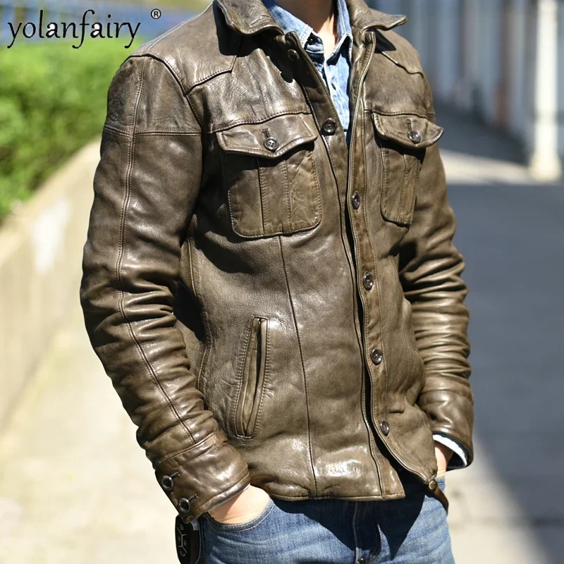 Genuine Leather Jacket Men Clothing Top Layer Full Vegetable Tanned Sheepskin Retro Men\'s Coat Male Leather Jacket Chaquetas Lq