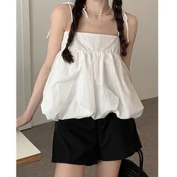 Women Summer Blossom Tops Sweet Sleevless Lace Up Shoulder Straps Pleated Puffy Babydoll Tank Tops Female Solid Color Camis Y2K