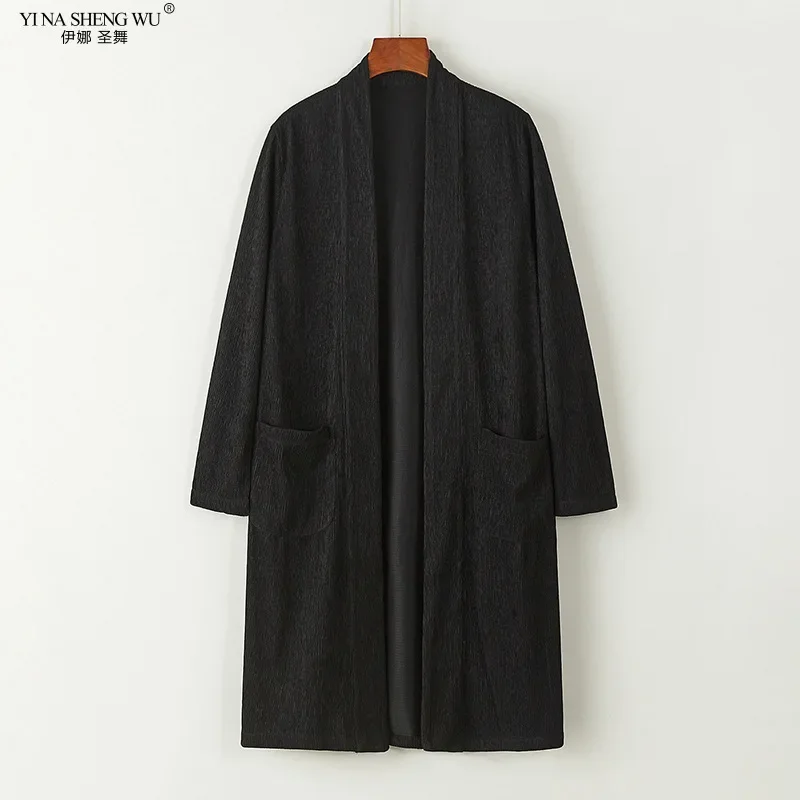 Spring and Autumn Style Chinese Style Retro Buckleless Mid-length Windbreaker Jacket Men's Double-breasted Robe Cape Top Kimono