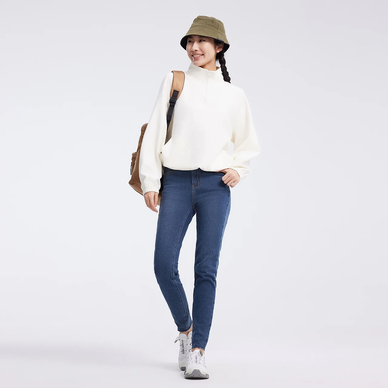Metersbonwe Women Stand Collar Loose Hoodie Half Zipper Adjustable Elastic Hem Warm Fleece Sweatshit Spring Outdoor Pullover
