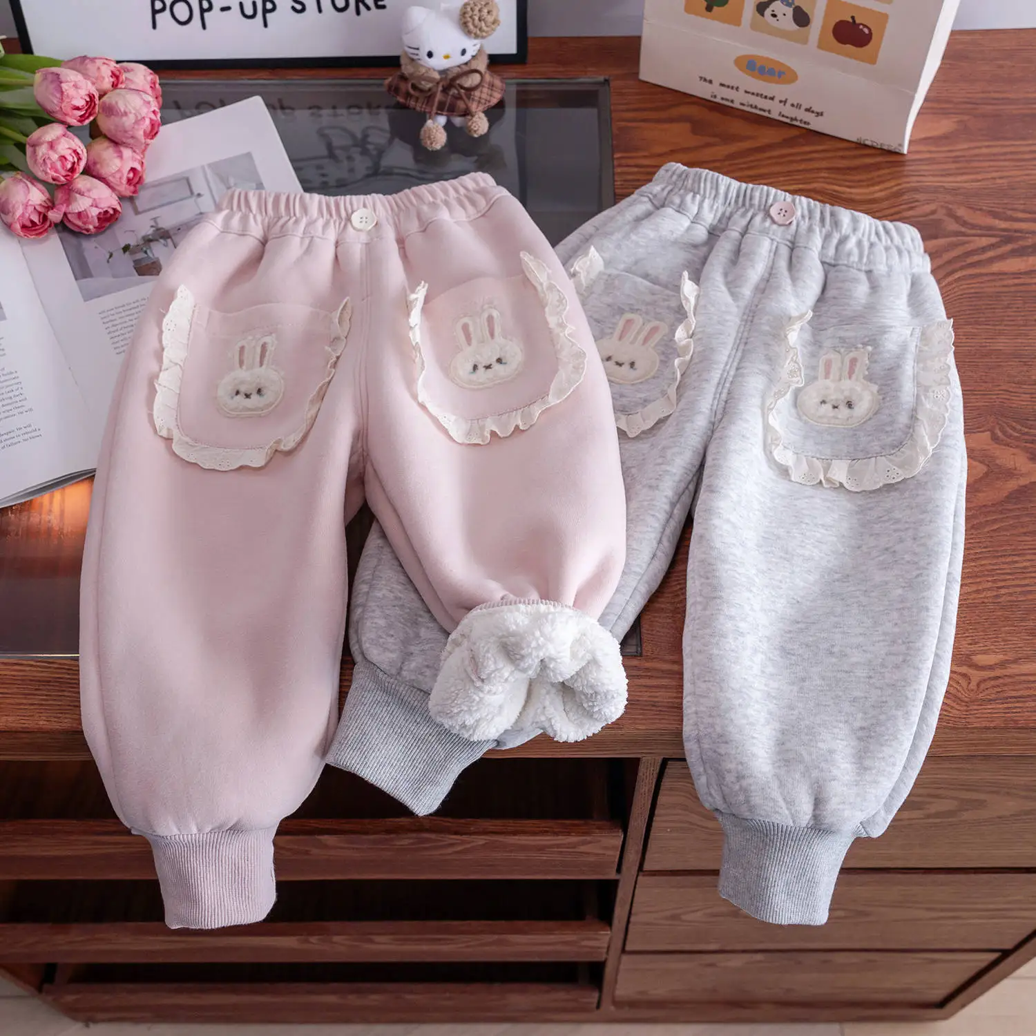 25 Baby Girls Winter Clothing Cute Rabbit Pockets Velvet Warm Pants Fashion Kids Children Birthday Princess Clothes Trousers