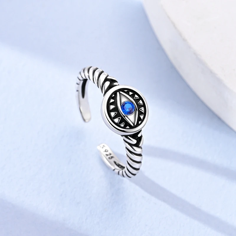 Original S925 Silver Faith Evil Eye Horse Cross Collection Open Rings Zircon Engraved Text Stackable Adjustable Rings for Women view 5
