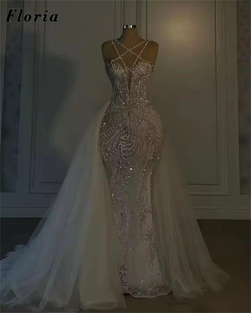 Mermaid Wedding Dresses Customized Beading Cape Train Women Bridal Gowns Vestidos De Noche Straps Pearls Dubai Bride Dress