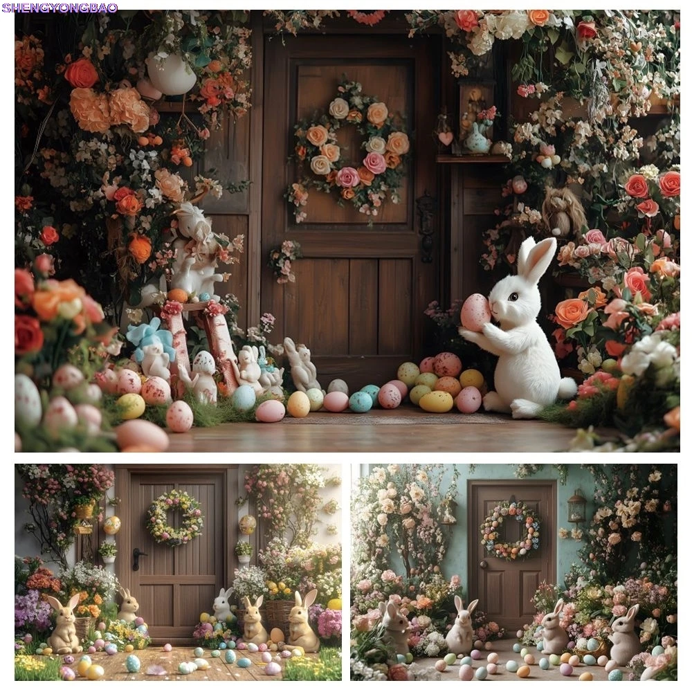 

Spring Easter Bunny Eggs Party Backdrop Photography Rabbits Flowers Eggs Wreath Wood Door Kids Art Photo Background Photo Studio