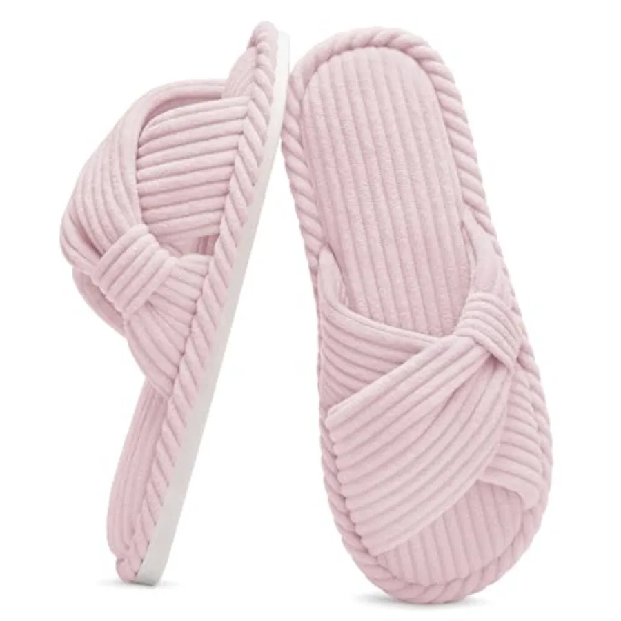 

Evshine Fall House Slippers for Women Corduroy Cross Bow Indoor Slippers Open Toe Slip On Bedroom Shoes with Memory Foam