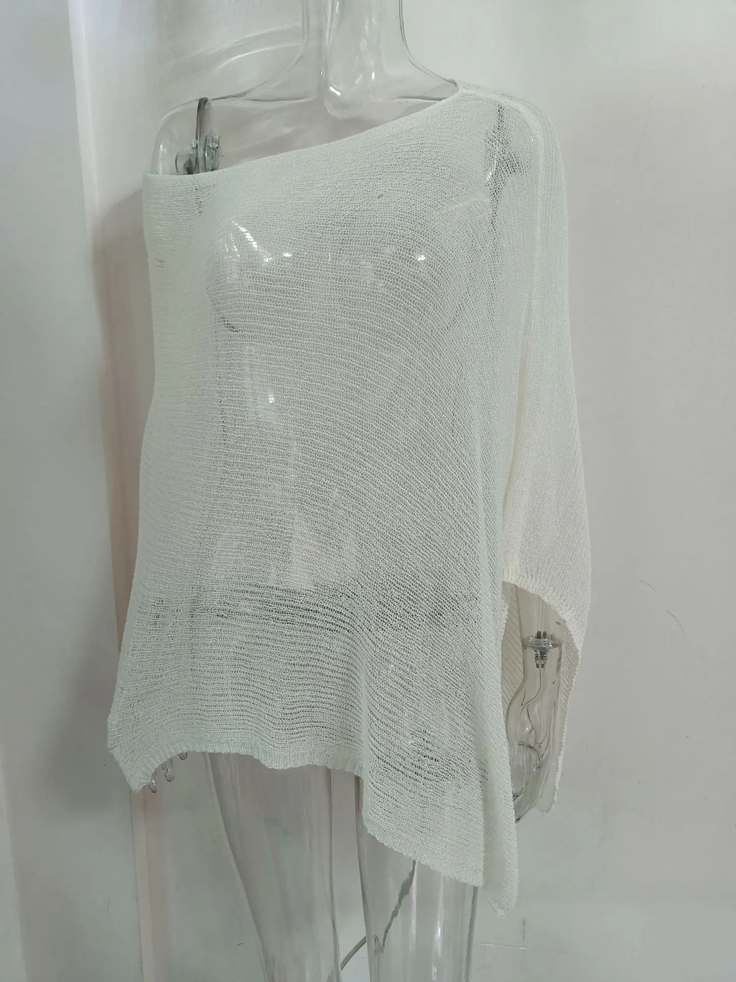 Prendas de punto para mujer, pareo de Bikini transparente liso con hombros descubiertos, dobladillo triangular Irregular, Jersey holgado, Tops de playa de verano