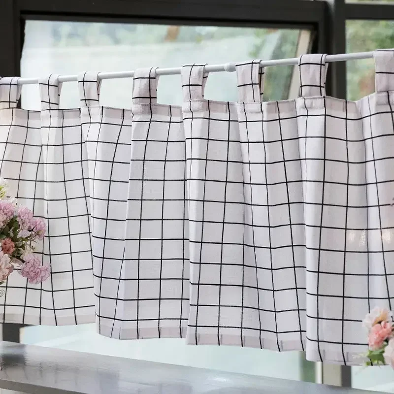 

Short Window Curtain White Plaid Valance Tab Top Semi-sheer Curtains for Kitchen Decortaion Linen Fabric Modern Style W140xL50cm