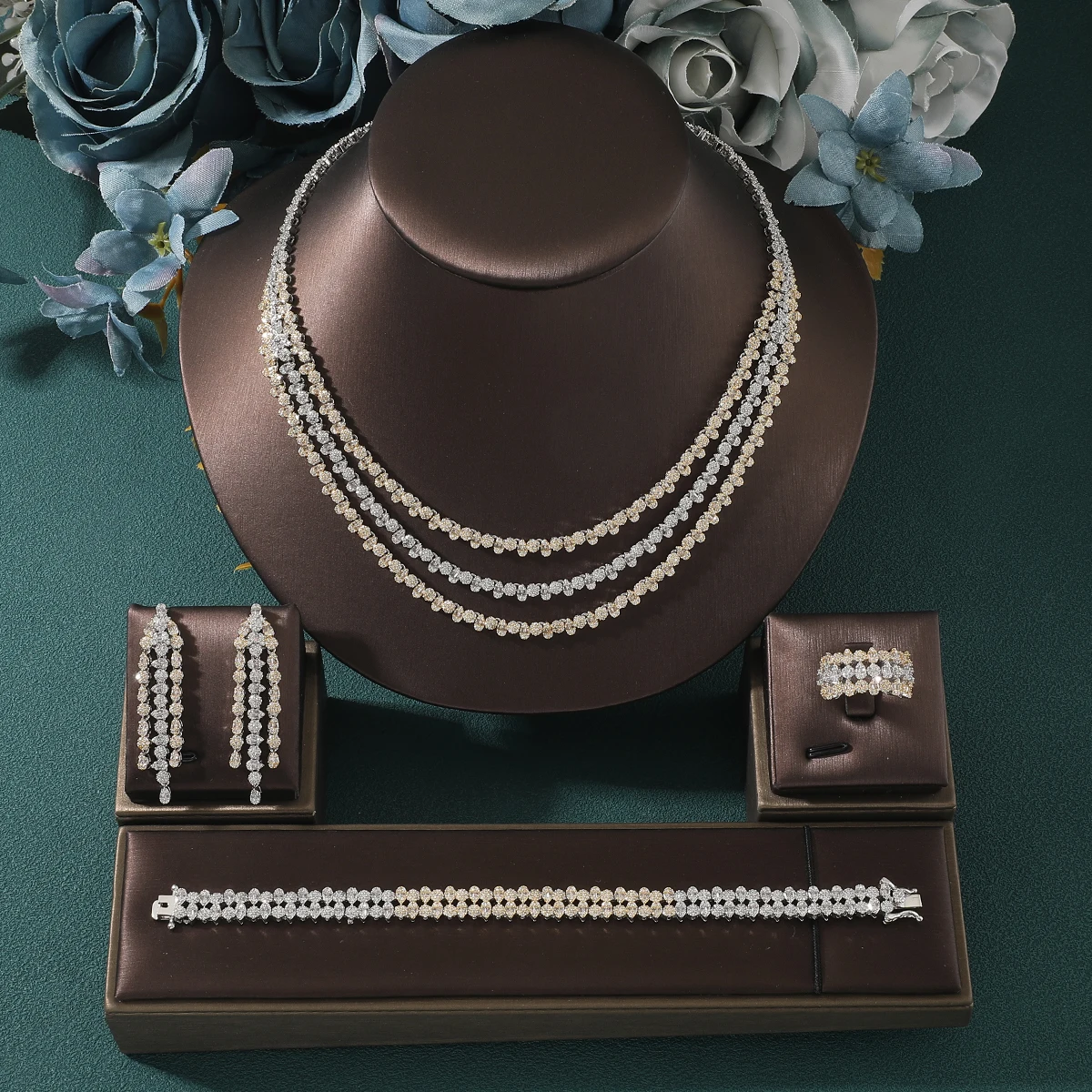 

Fashion Luxury Cubic Zirconia Three layer Necklaces Earrings Bracelet Ring Set Dubai wedding Bridal Jewelry Set for Woman
