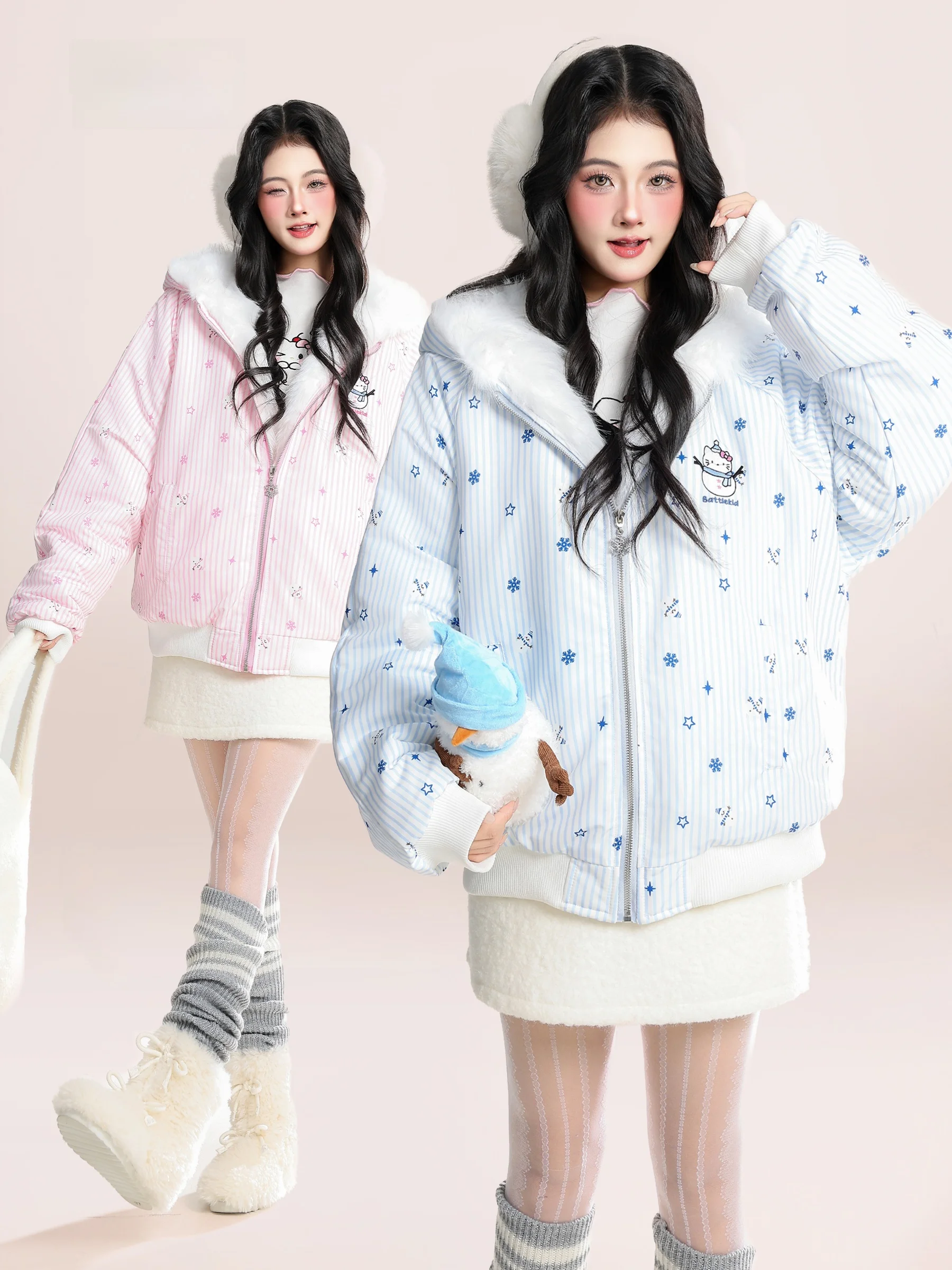 

Утепленная зимняя хлопковая куртка HM для женщин с капюшоном, вышивкой и пушистым эффектом, теплая, с милым узором «Снеговик», в студенческом стиле