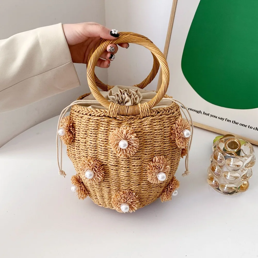 Flower Pearls Handmade Woven Bag Stylish Picnic Basket Large Capacity Handbag Round Trendy Bucket Bag Summer