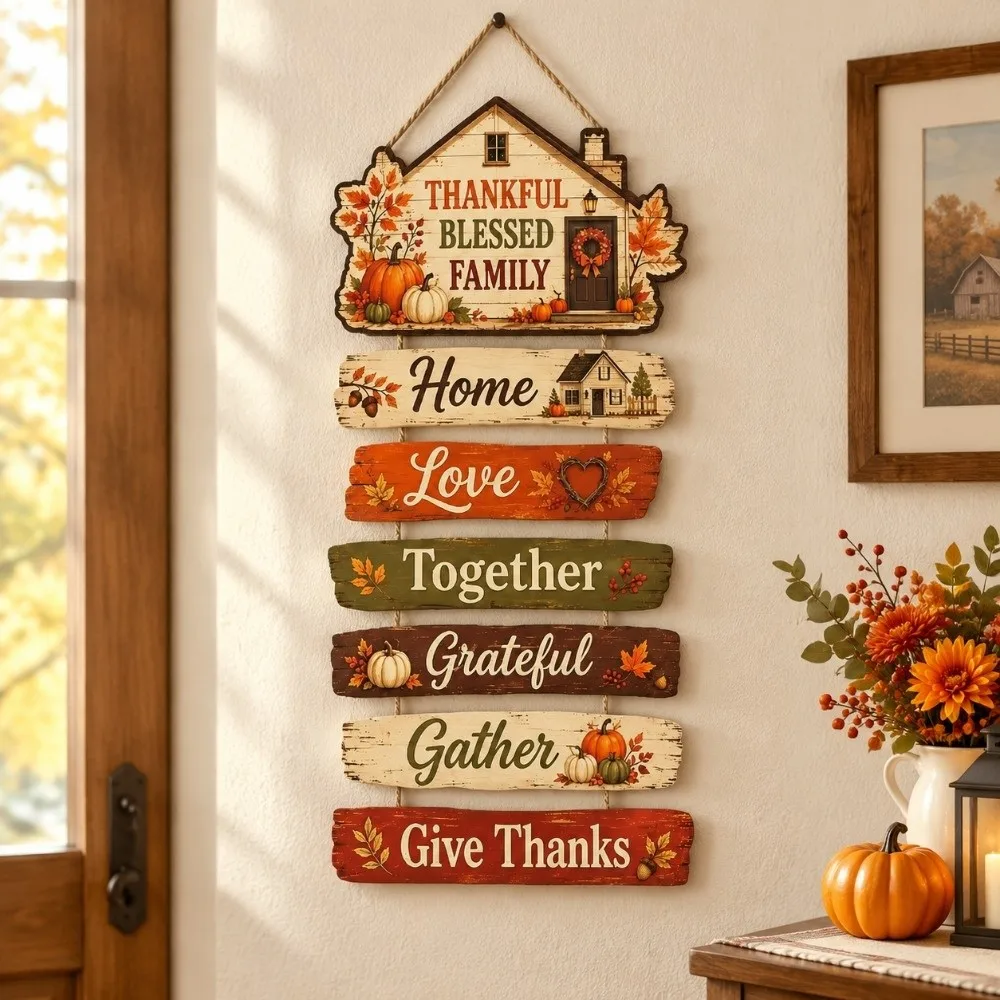 2D Flat Autumn Harvest Sign Halloween Decorative Fall Rules Wood Plaque Thanksgiving Wall Art Pumpkin Maple Hanging Decor