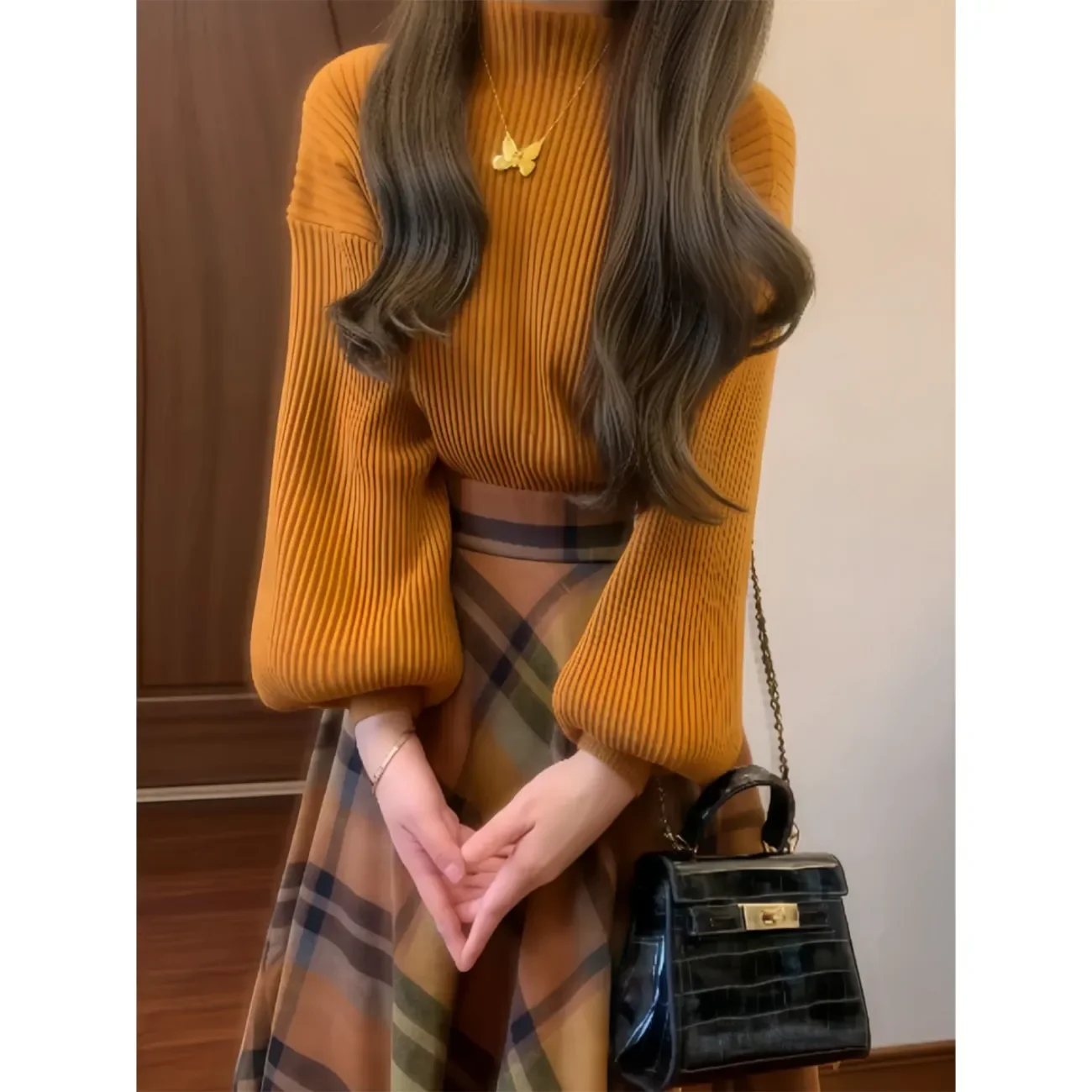 

Французский костюм в стиле ретро, женский весенне-осенний новый нежный элегантный вязаный свитер с клетчатой юбкой, комплект из двух предметов