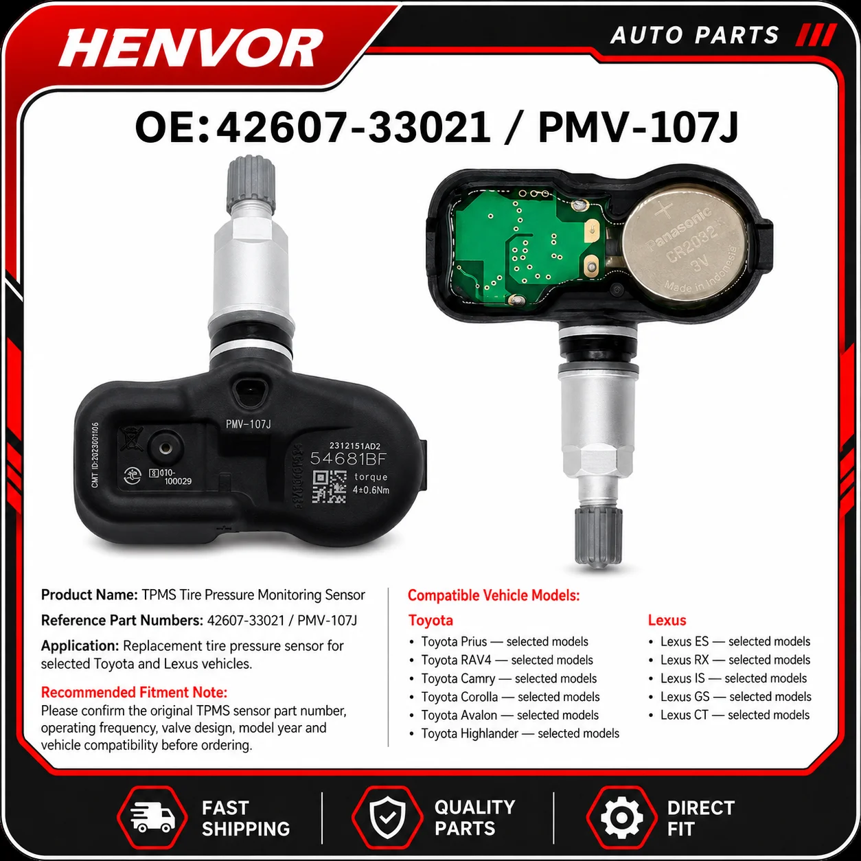 42607-33021 PMV-107J TPMS Tire Pressure Sensor for Toyota Lexus Prius RAV4 Tire Pressure Monitoring System