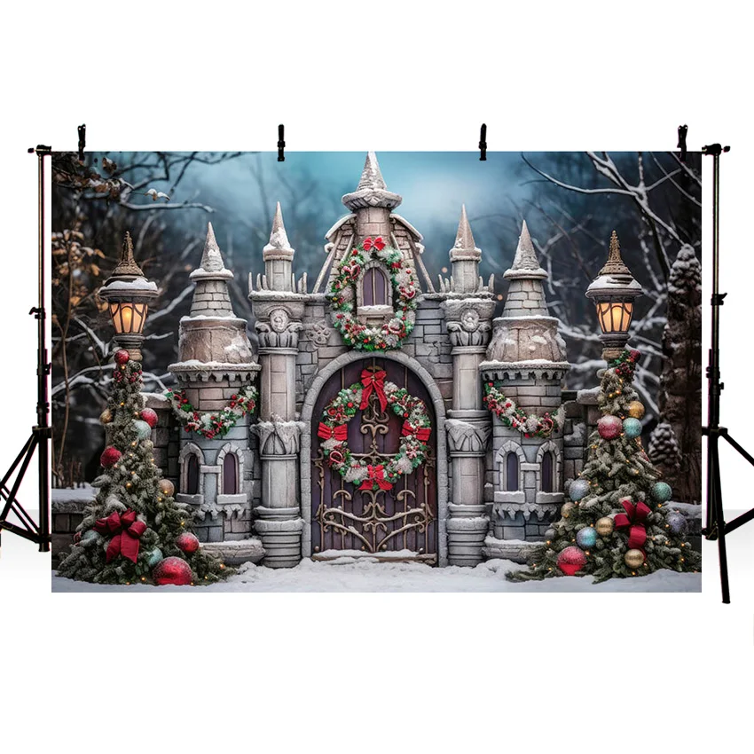 Mehofond Outdoor Christmas Forest Castle Photography Background Kids Birthday Party Xmas Snowy Pine Tree Decor Backdrop Photo