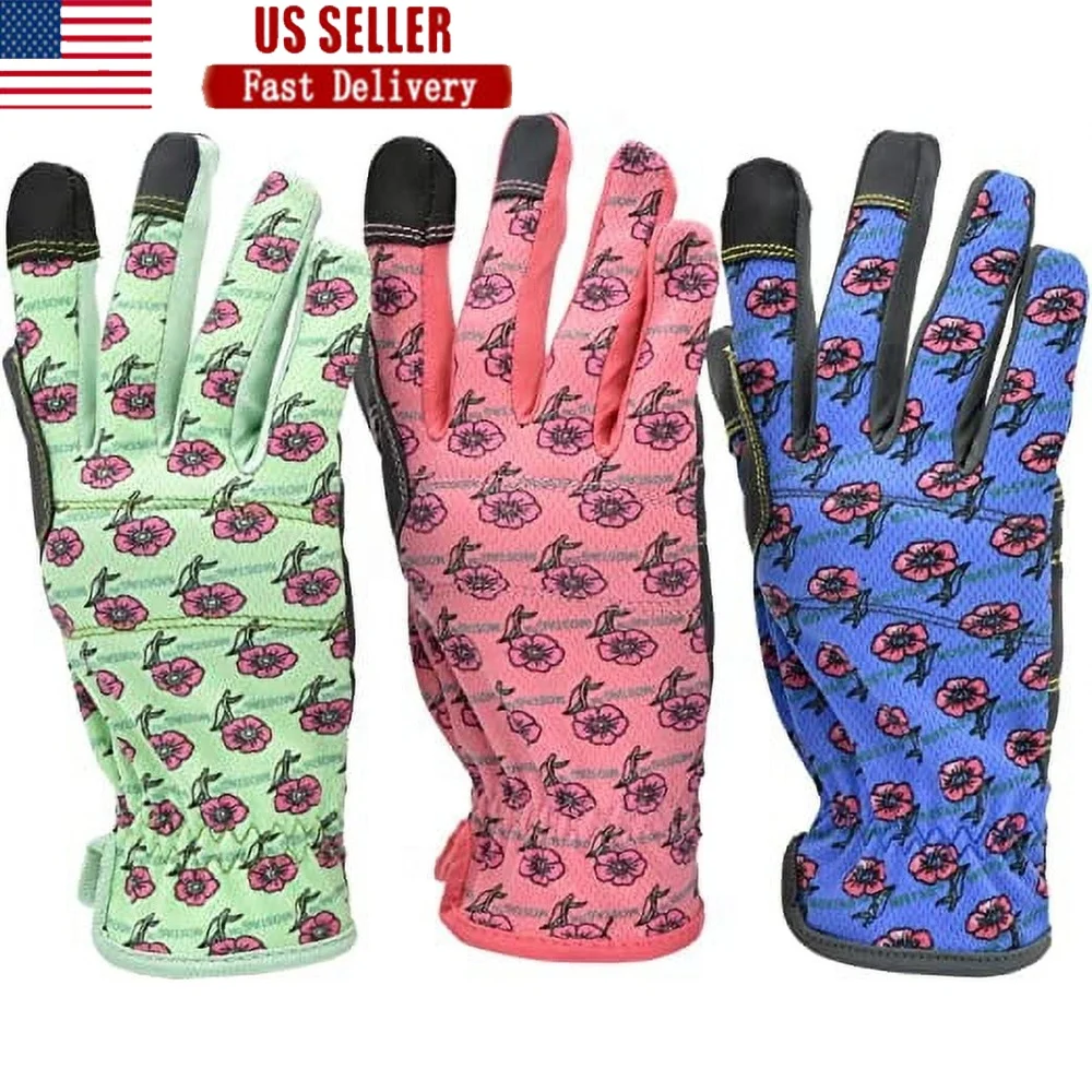 

3 Pair Women's Gardening Gloves Touchscreen Feature Durable Flower Pattern Breathable Comfortable Fit Digging Planting Pruning
