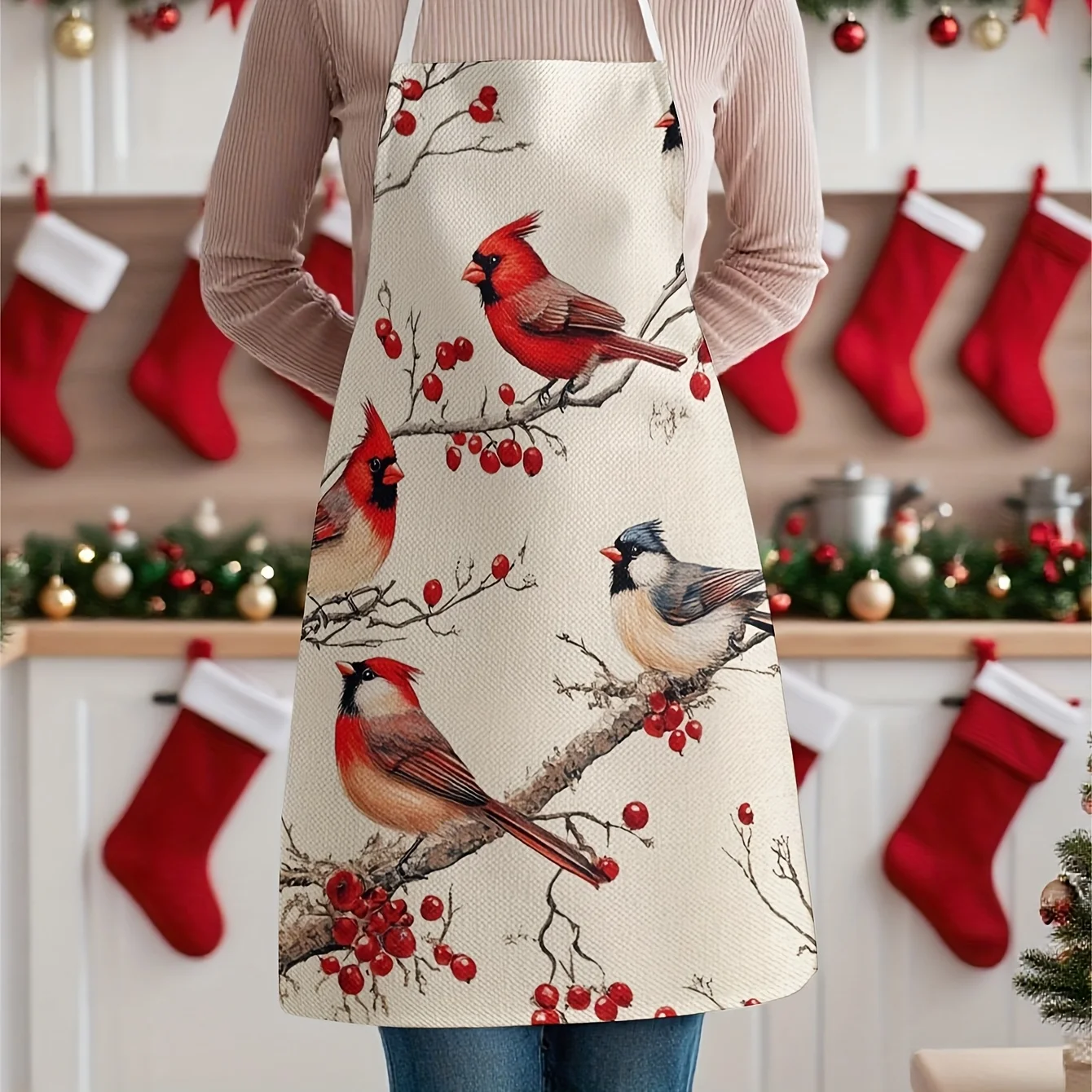 Cute Bird and Berry Print Apron for Kitchen Baking Cooking Apron Gift for Women