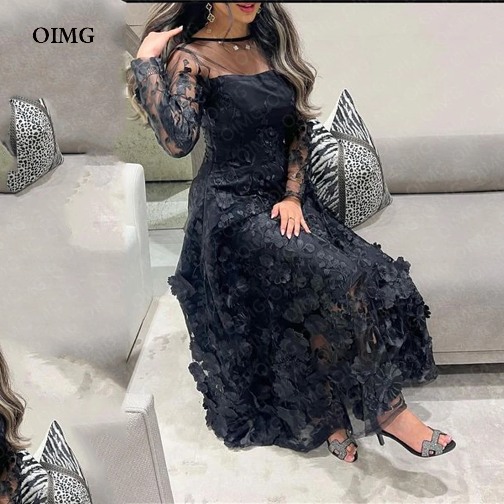 

OIMG Black Lace Tulle Flower Formal Event Party Dresses Full Sleeves Long Custom Evening Gowns Night Club Prom Dress Vestidos