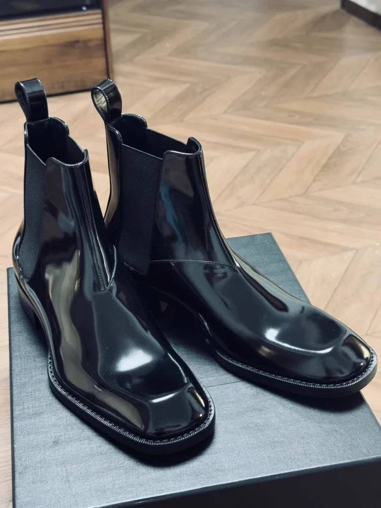 

Patent Leather Square Toe Ladder Short Boots Men's Chelsea Boots Men's British Style Casual Thick Soled Elastic Band Ankle Boots