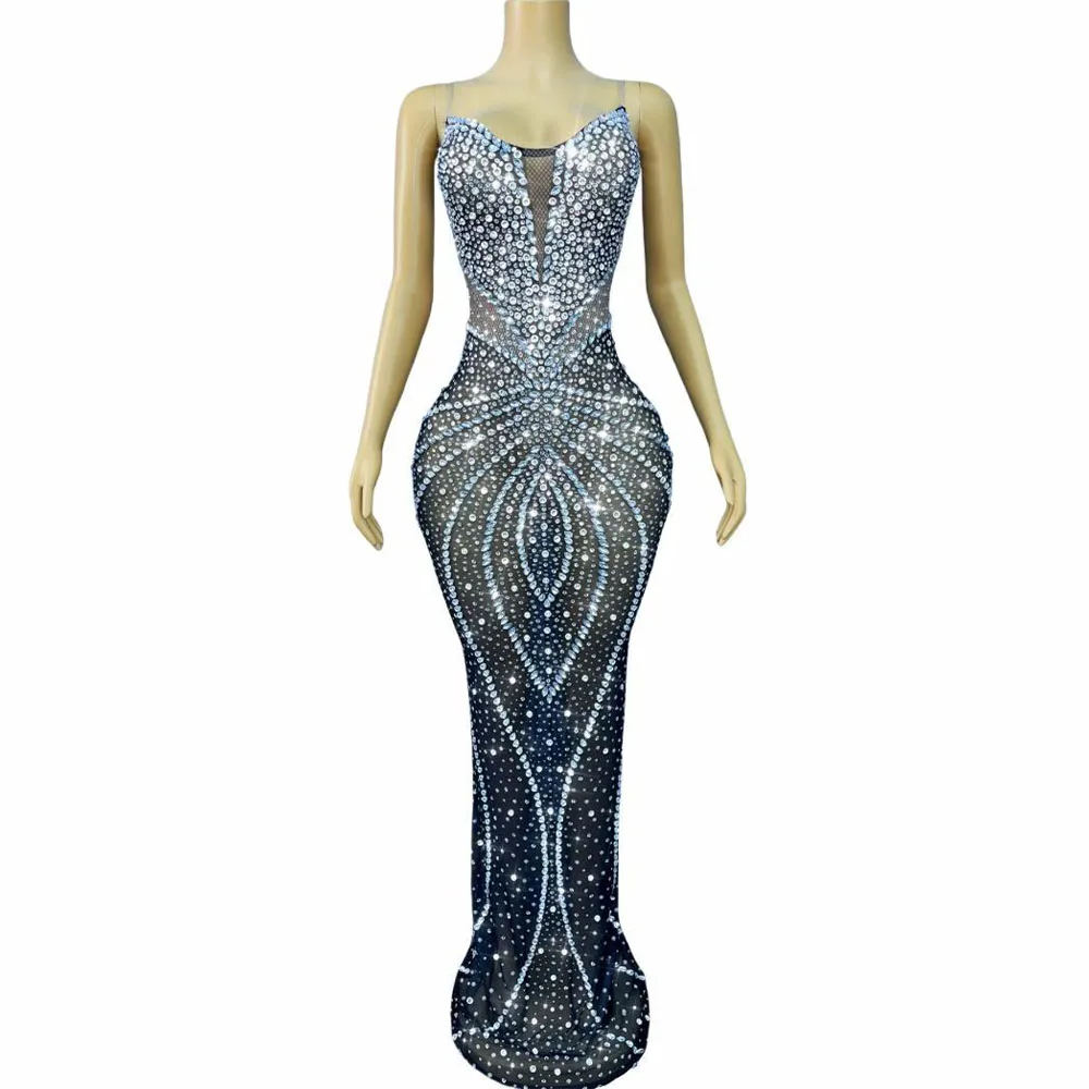 

Sexy Elegant Flashing Rhinestones Transparent Mesh off shoulder Dress Evening Party Gown Red carpet Show Photoshoot Stage Outfit