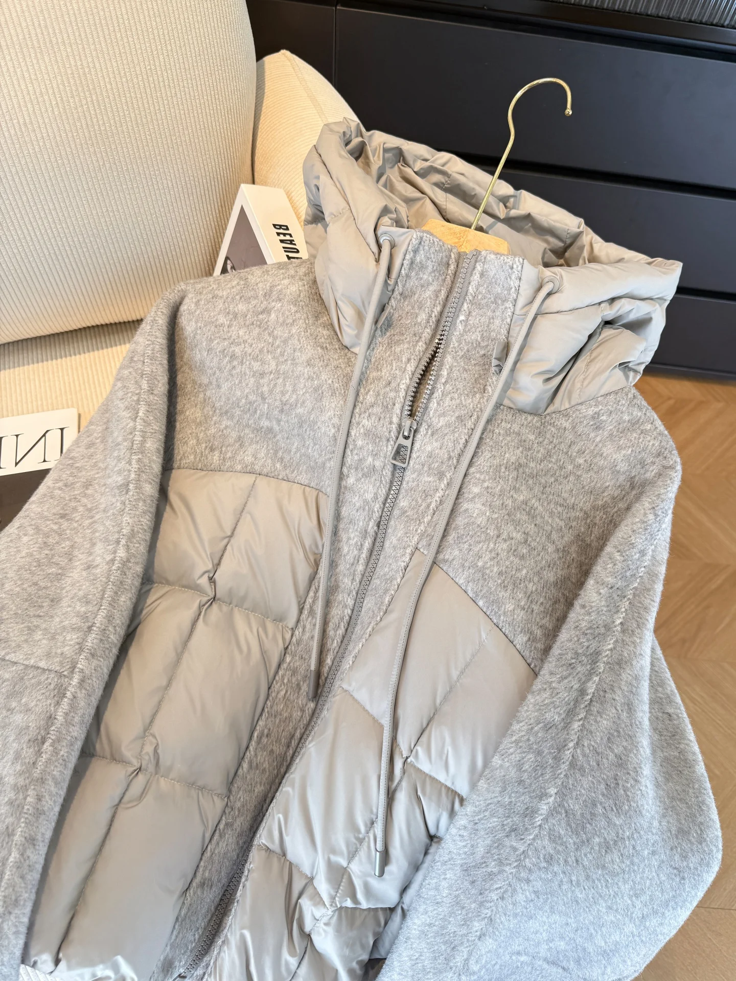 Gray Tweed Casual Cotton Jacket Men's Women's Autumn Winter Design Sense Warm Loose Coat Splicing Hat Design Long Sleeve Zipper