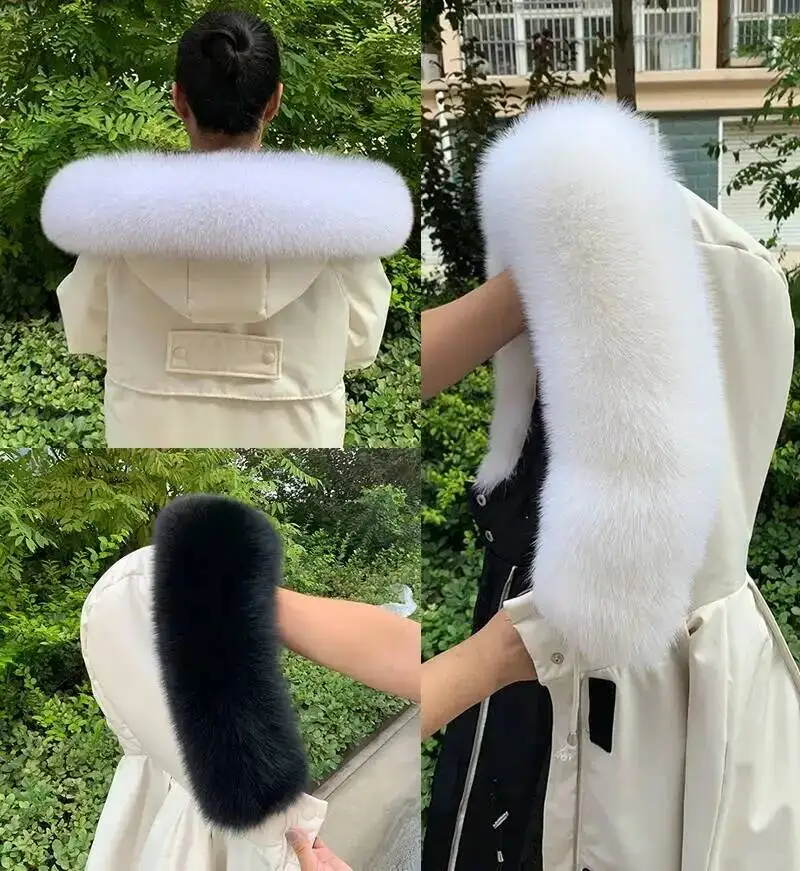 100% Natural Fur Collar Winter Real Fox Fur Scarves Women New Fashion Luxury Coat Jackets Hood Collar Long Shawl Custom Made