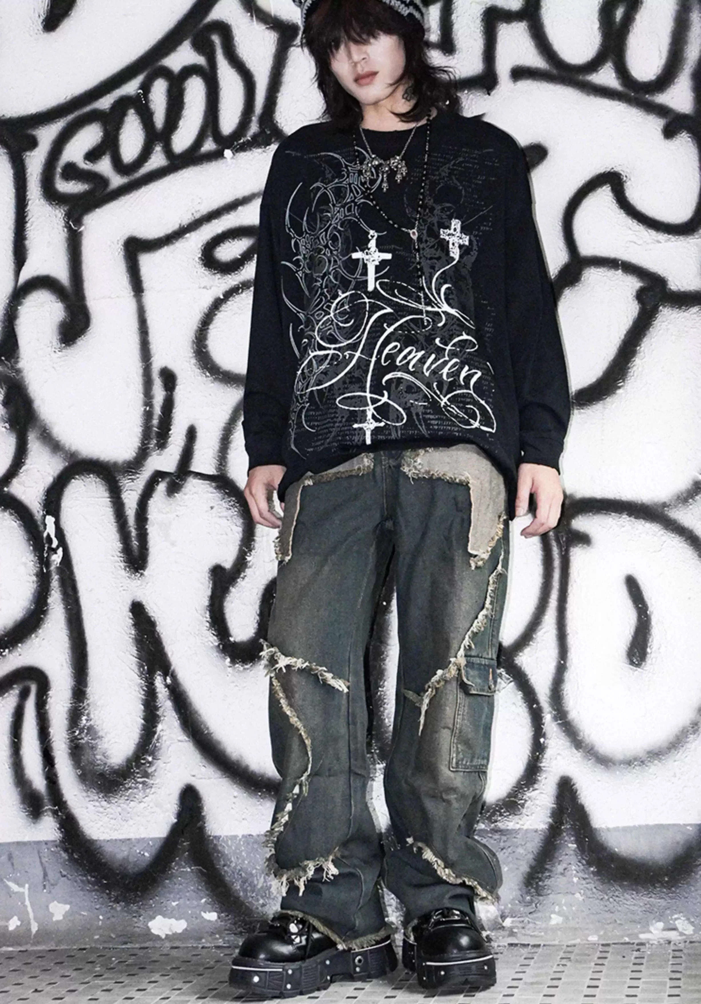 Spring and Autumn New Rock Subculture Dark Punk Gothic Style Men's Loose Casual Printed Round Neck Long Sleeve T-Shirt