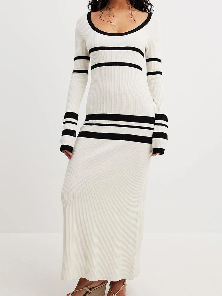 

Knitted Striped Dress Women Autumn Winter Causal Long Sleeve Sweater Dress Female Elegant Fashion Bodycon White Long Dresses