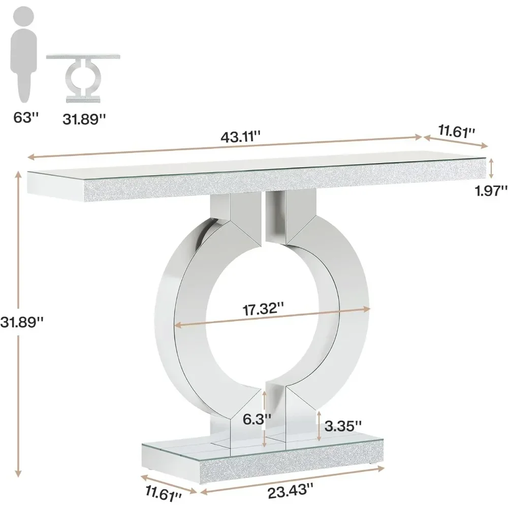 Mirrored Console Table with O-Shaped Base, 43-Inch Modern Entryway Table Glass Sofa Table with Mirror Finish