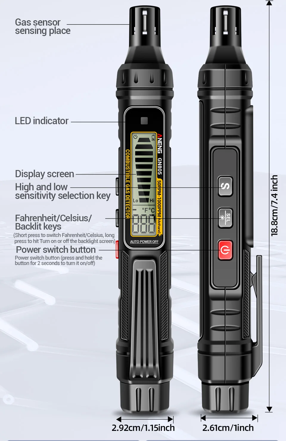 ANENG GN805 Detektor für brennbare Gase, Gasanalysator, Gasleckmessgerät, 50–10000 ppm, akustischer Alarm, umweltfreundlich, mehrere erkennbar – Detail 11